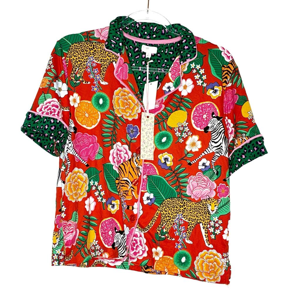 Beauty Sleep Social Zoo Fruit Pattern Short Sleeve Button Pajama Top NWT Small
